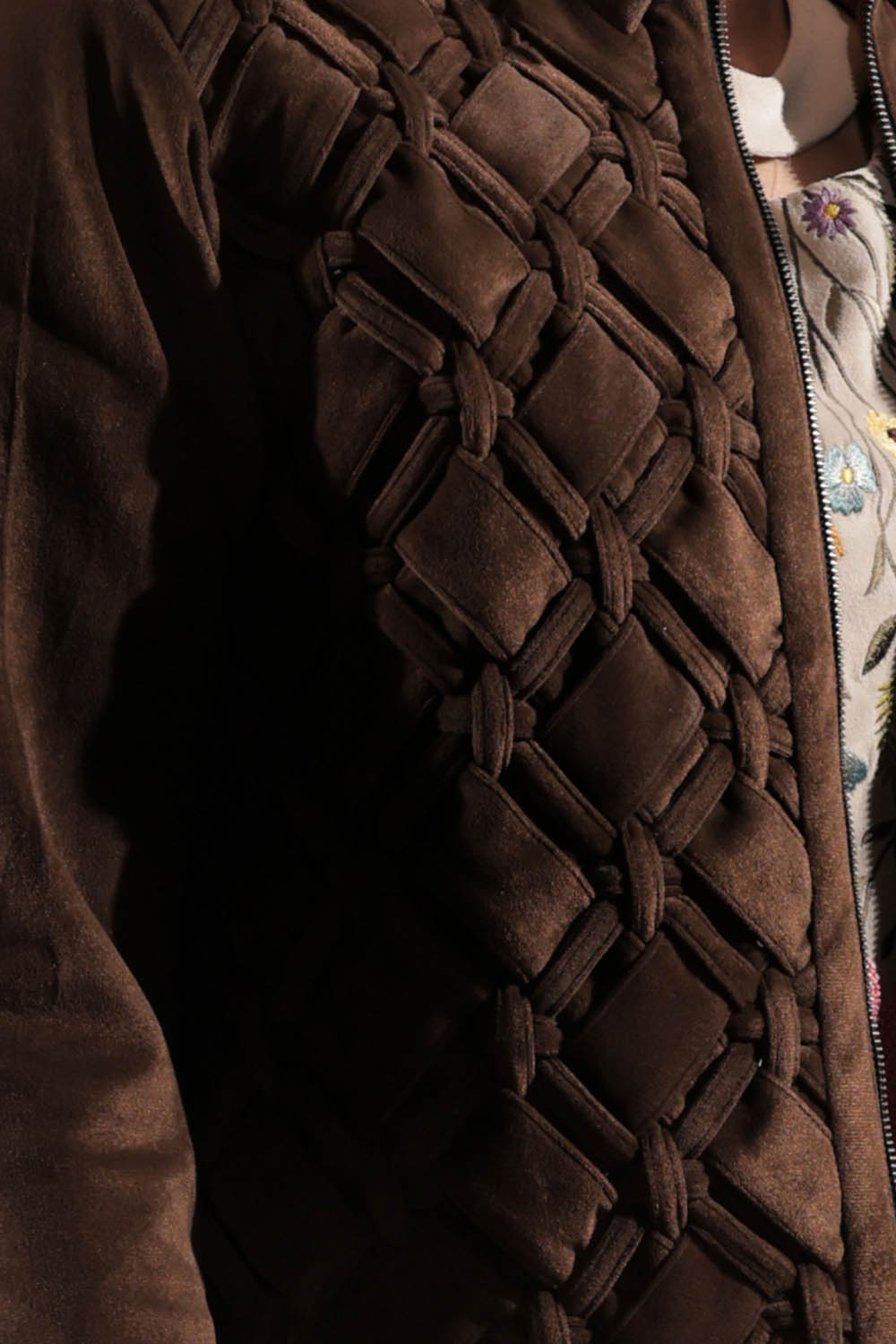 Brown woven suede jacket with statement back pocket detailing