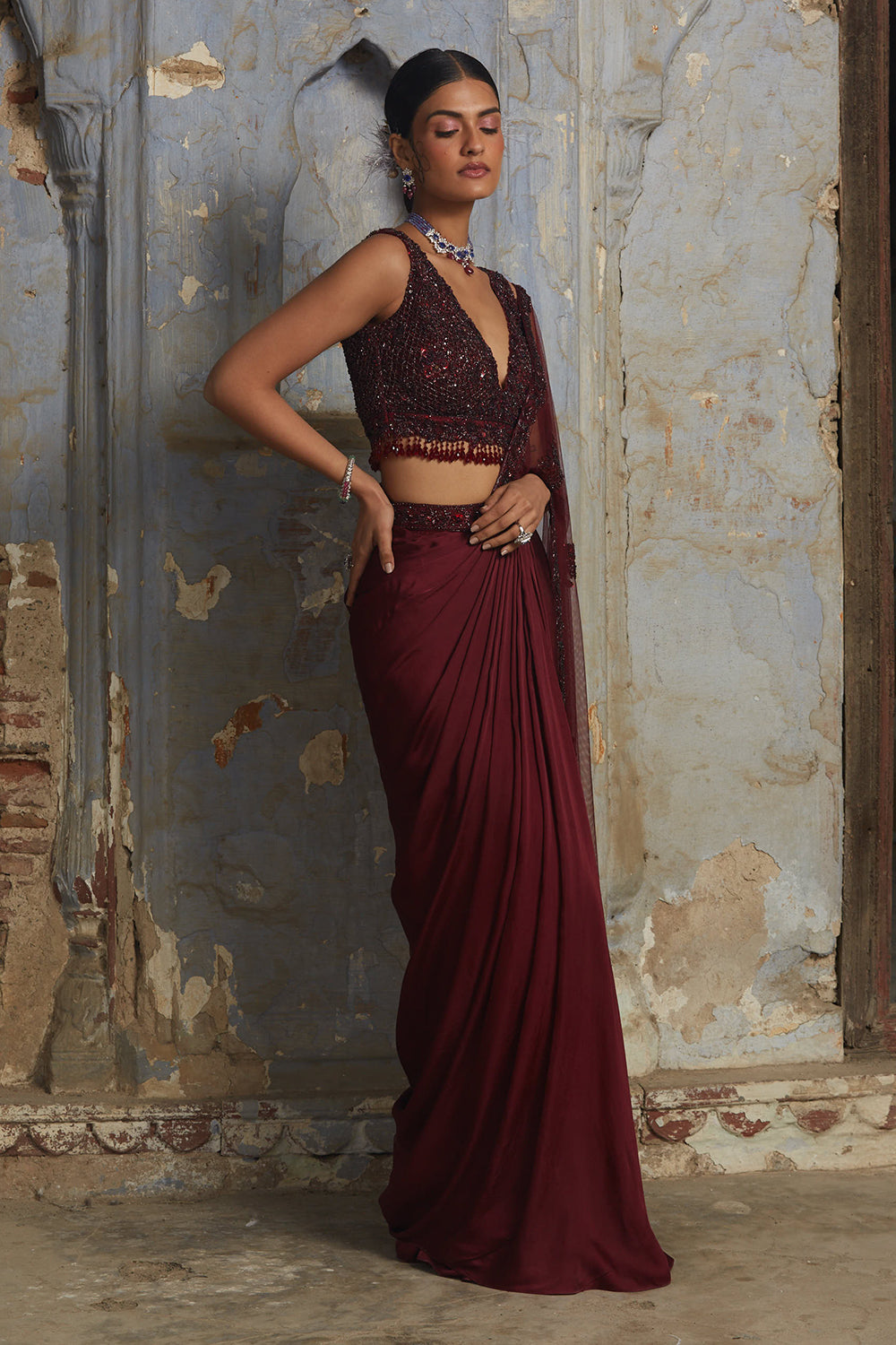 Burgundy Satin Drape Saree