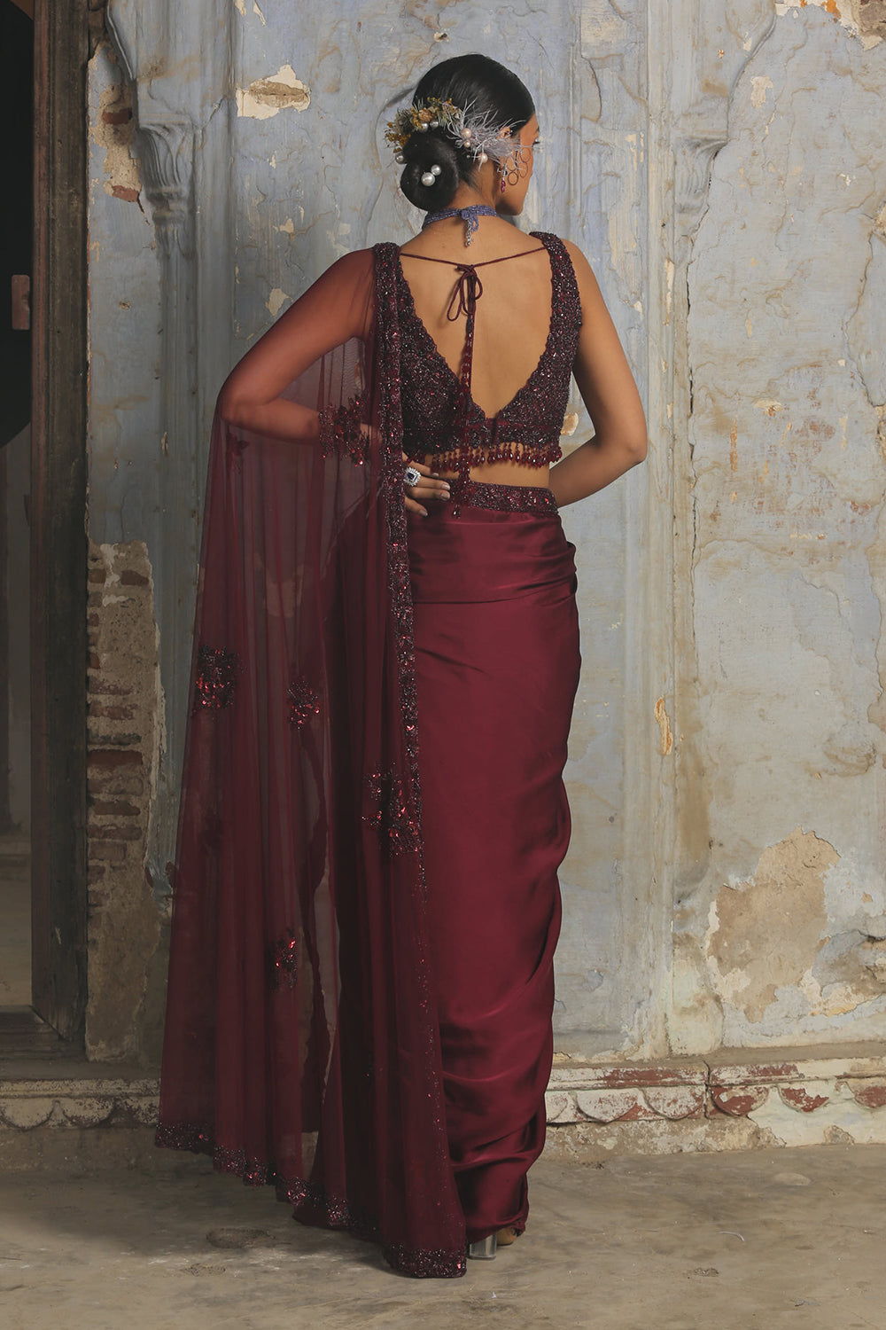 Burgundy Satin Drape Saree