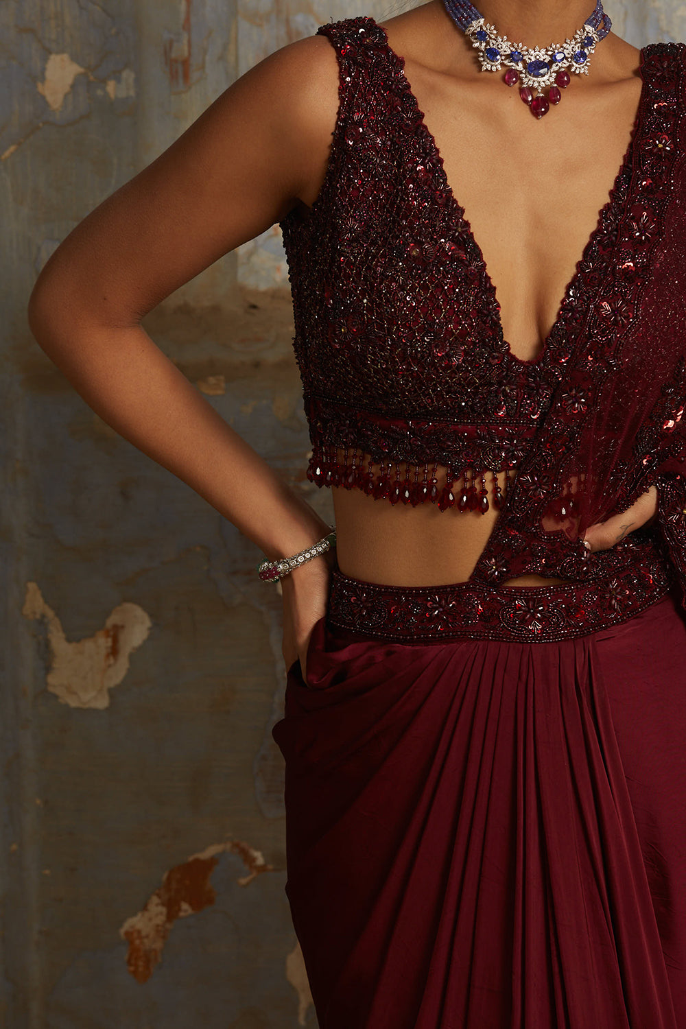 Burgundy Satin Drape Saree