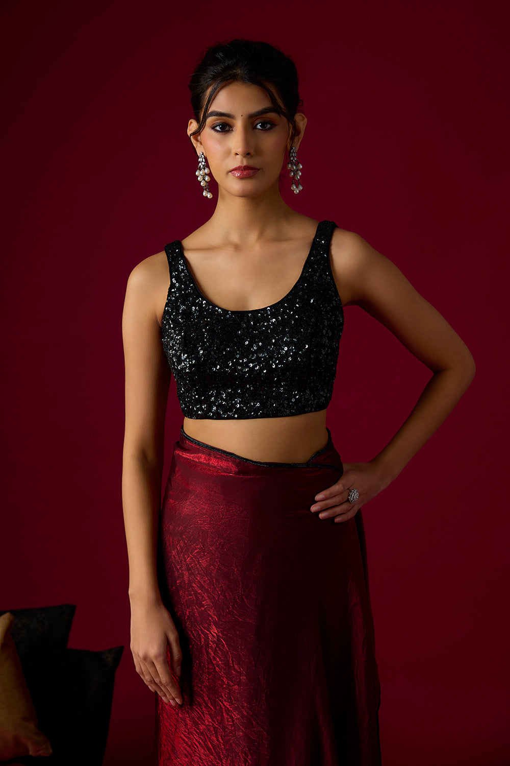 Burgundy Tissue Saree Set