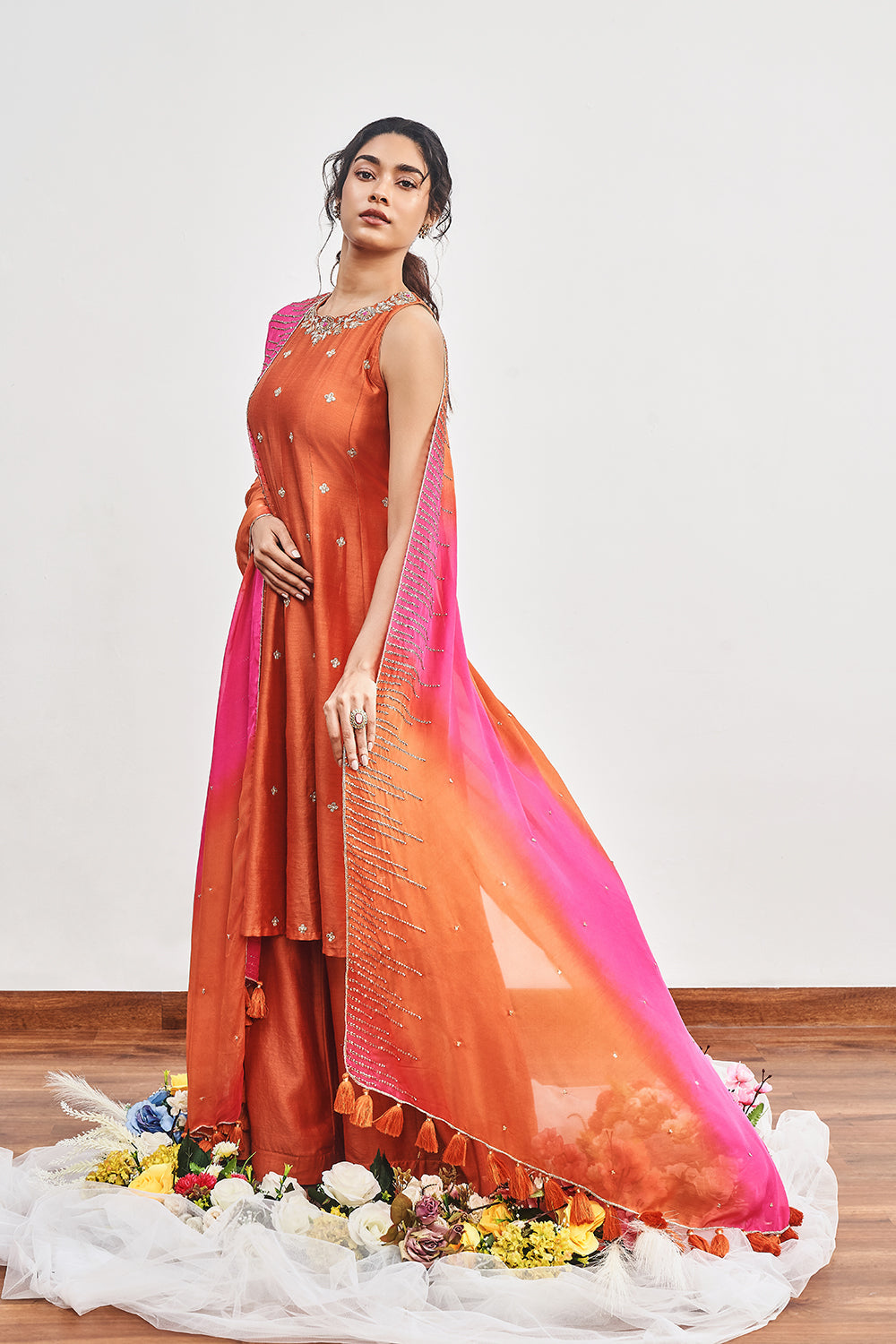 Burnt Orange Kalidaar with Burnt Orange X Hot Pink Shaded Dupatta