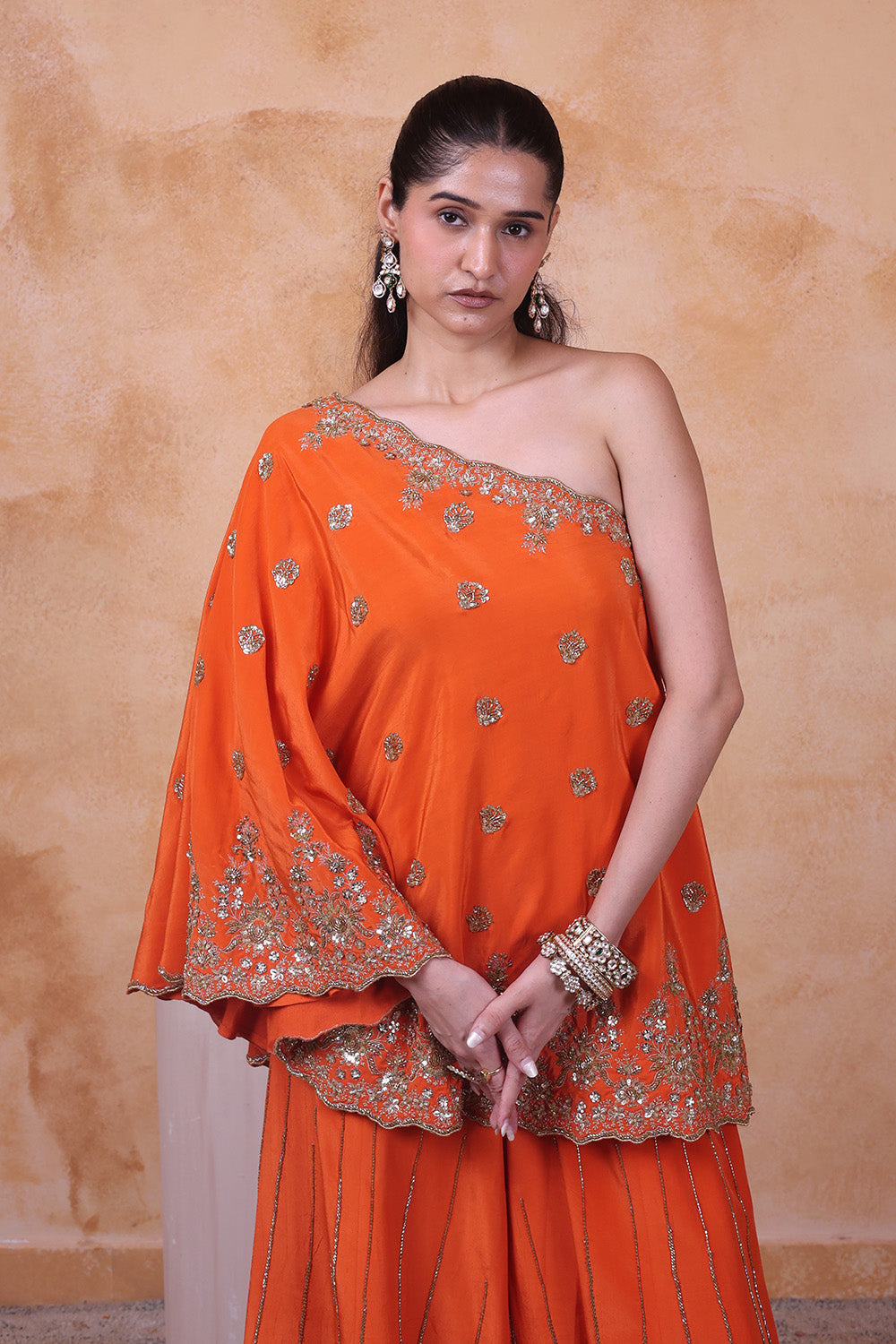 Burnt Orange One Shoulder Embellished Top and Pant Set