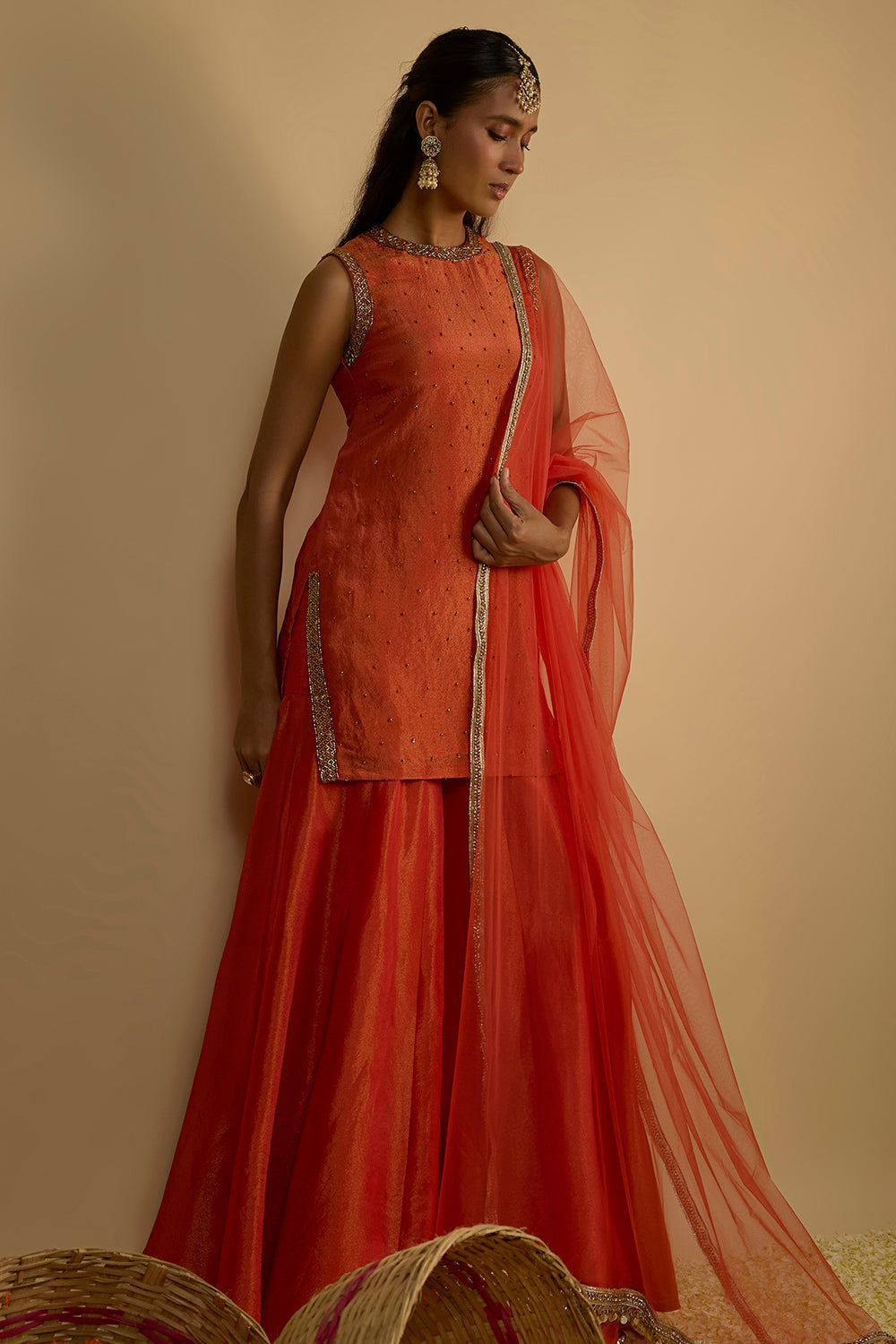 Burnt Orange Silk Tissue Short Kurta Gharara Set with Embellished Work on the Kurta and Organza Dupatta