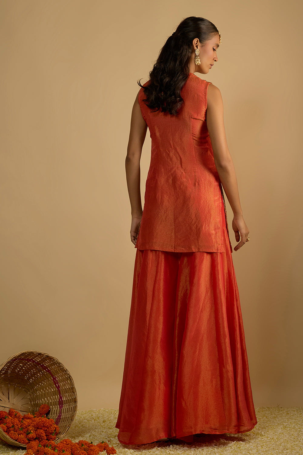Burnt Orange Silk Tissue Short Kurta Gharara Set with Embellished Work on the Kurta and Organza Dupatta