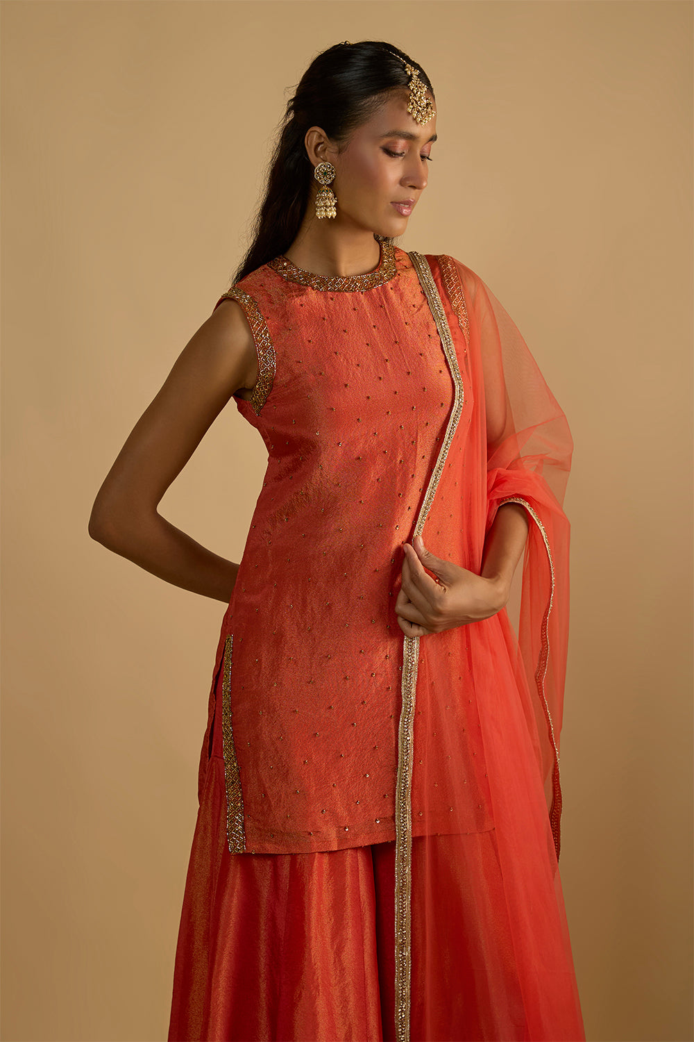 Burnt Orange Silk Tissue Short Kurta Gharara Set with Embellished Work on the Kurta and Organza Dupatta