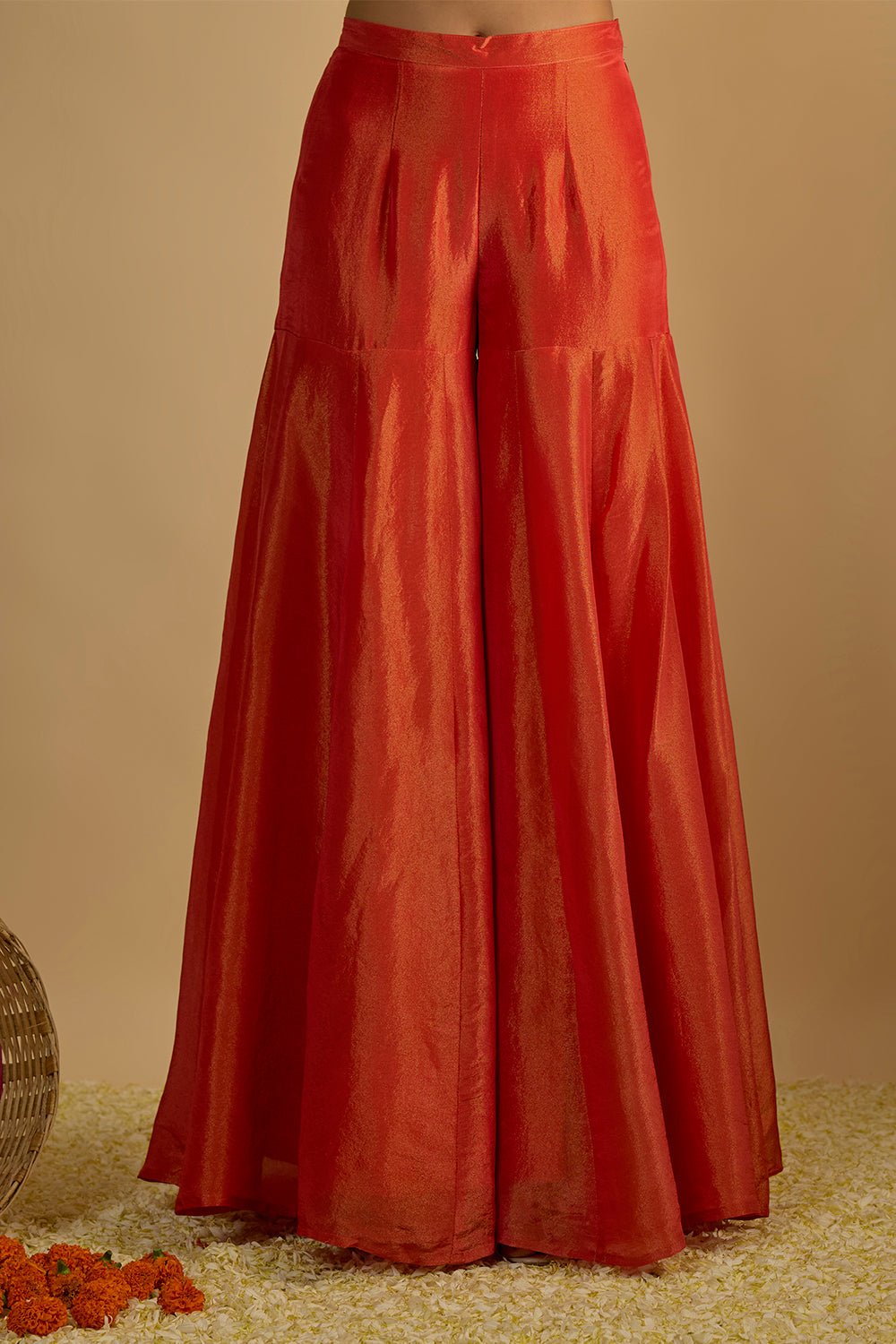 Burnt Orange Silk Tissue Short Kurta Gharara Set with Embellished Work on the Kurta and Organza Dupatta