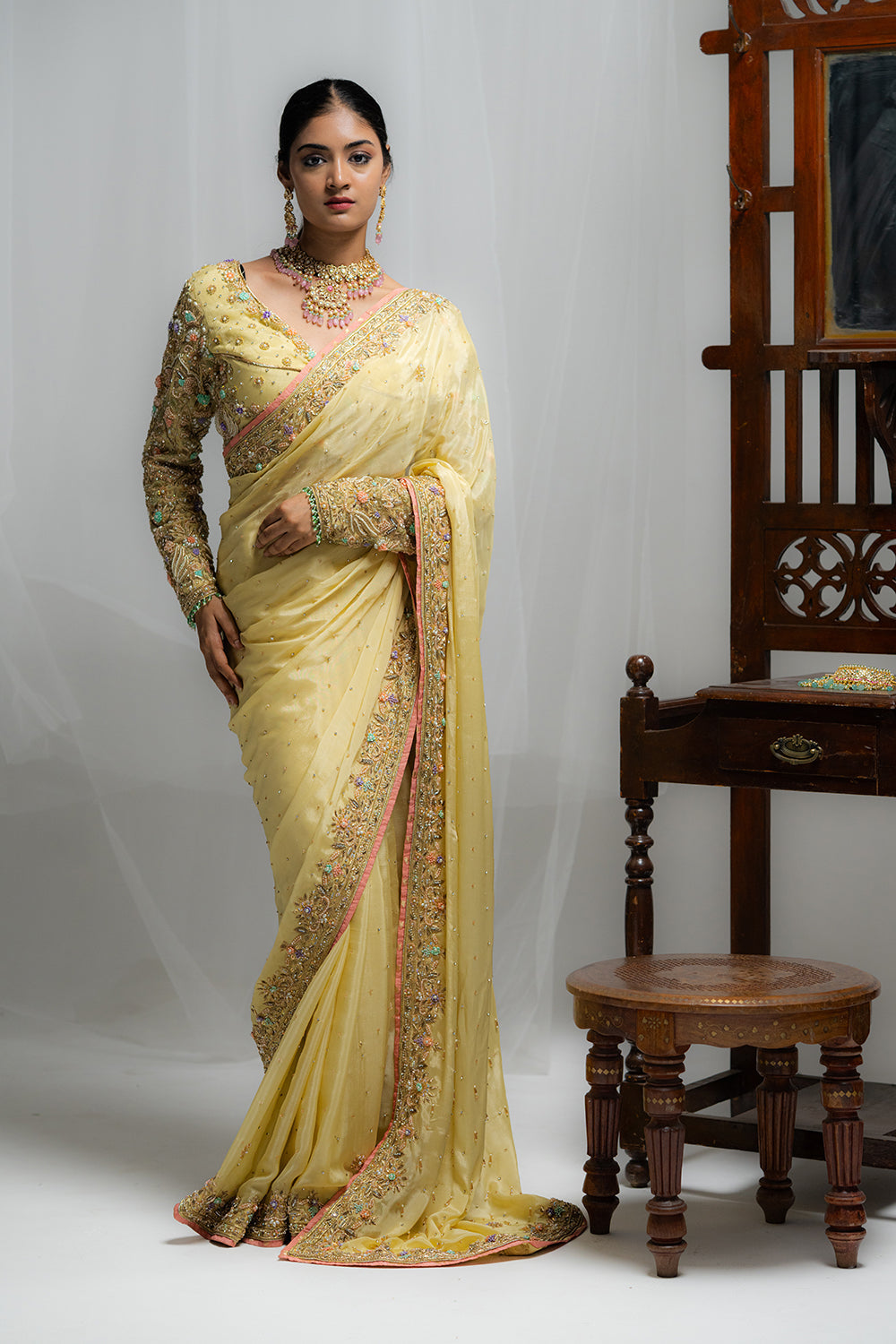 Butter Yellow Chiffon Saree with Bustier Blouse
