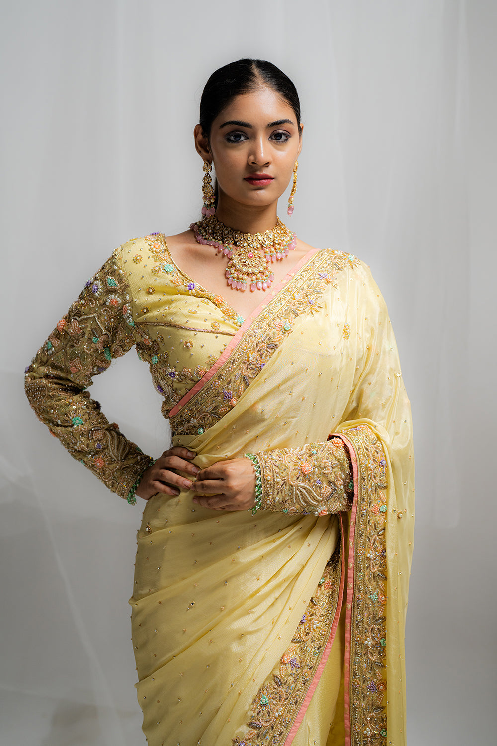 Butter Yellow Chiffon Saree with Bustier Blouse
