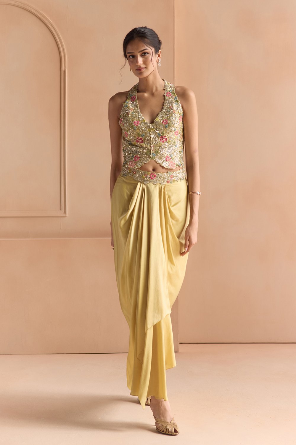 Butter Yellow Embroidered Top & Skirt Set