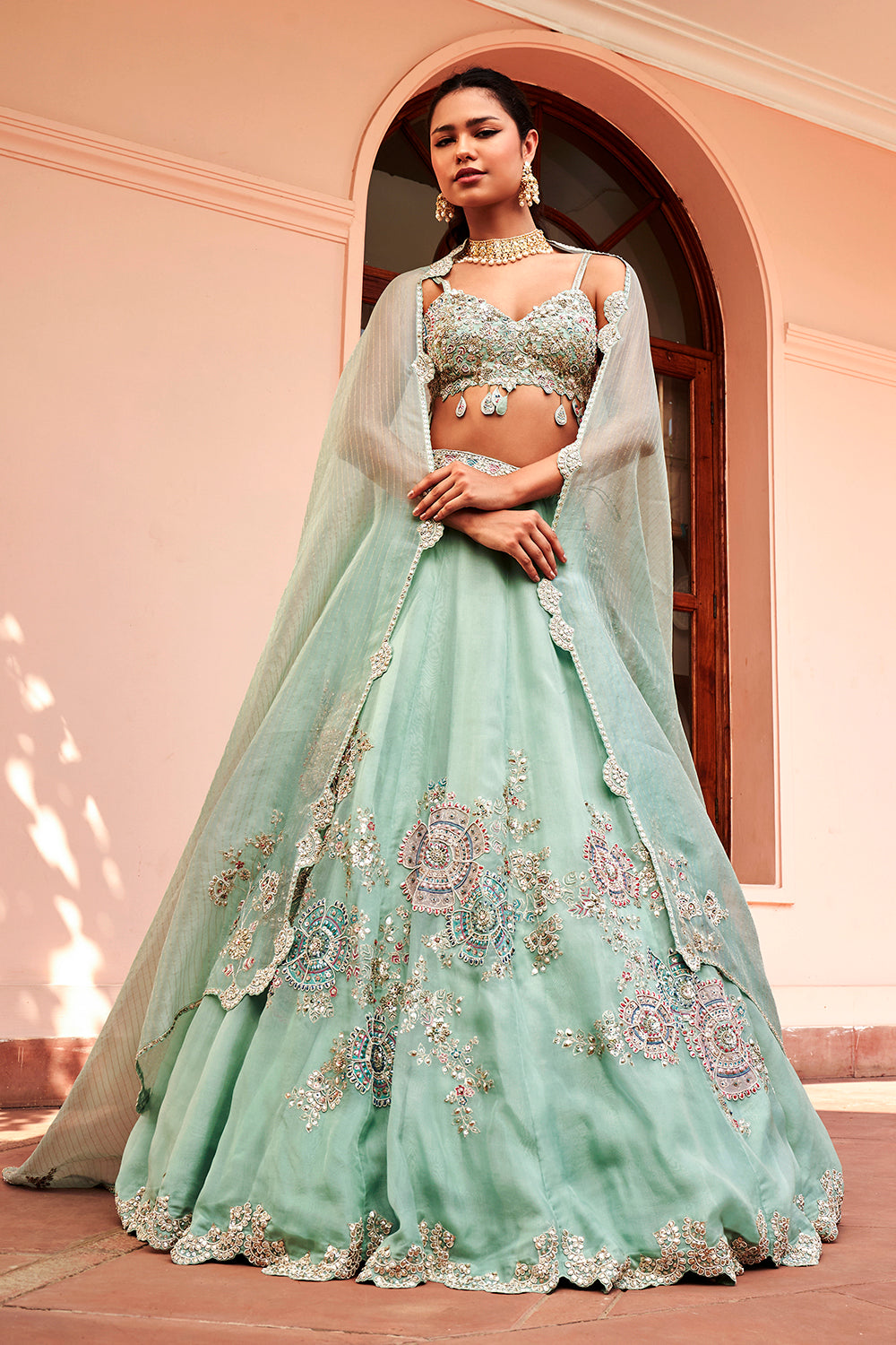 Cadet Blue Embroidered Lehenga