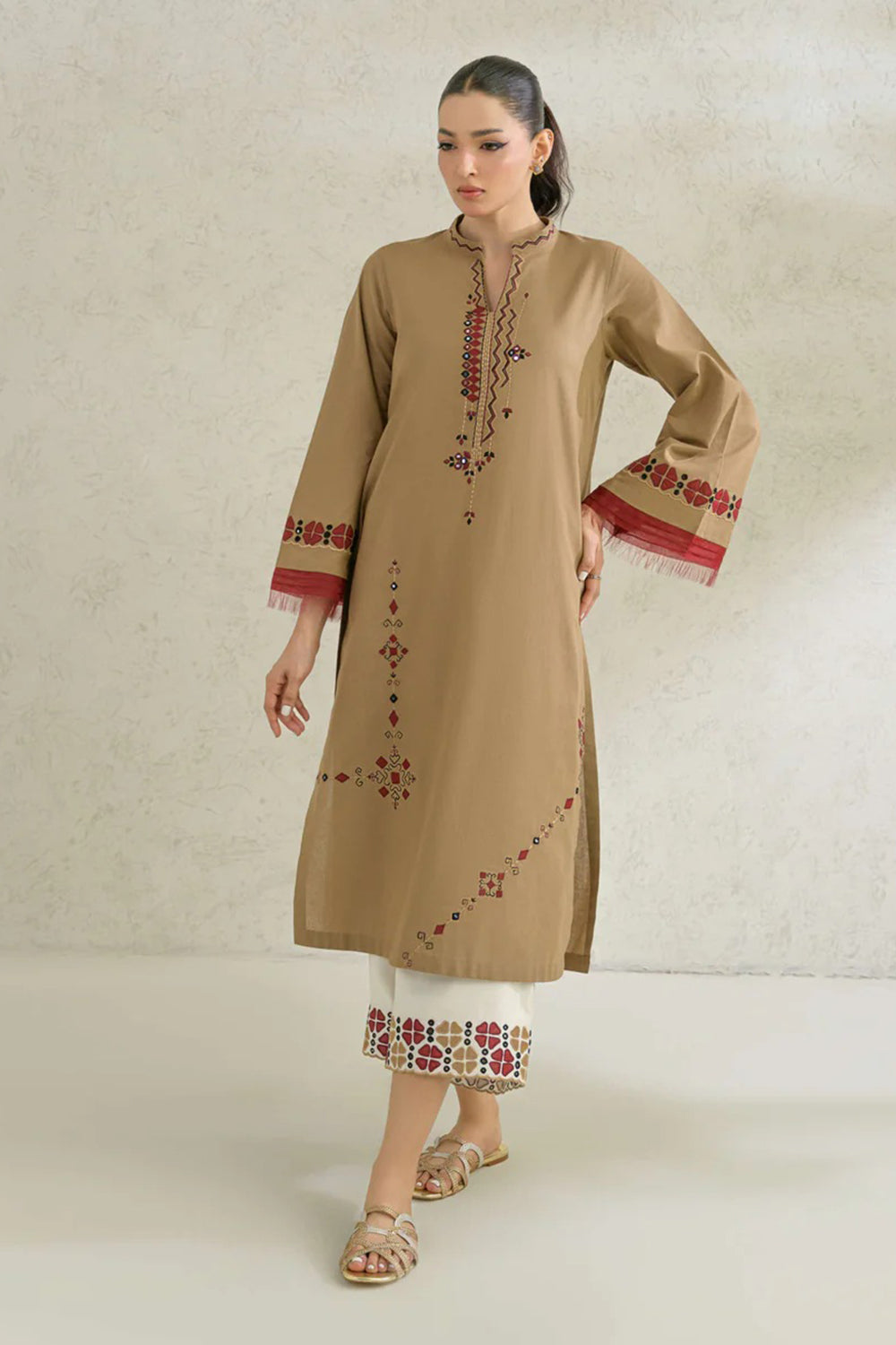 Camel Embroidered Comfort Fit Kurta Set
