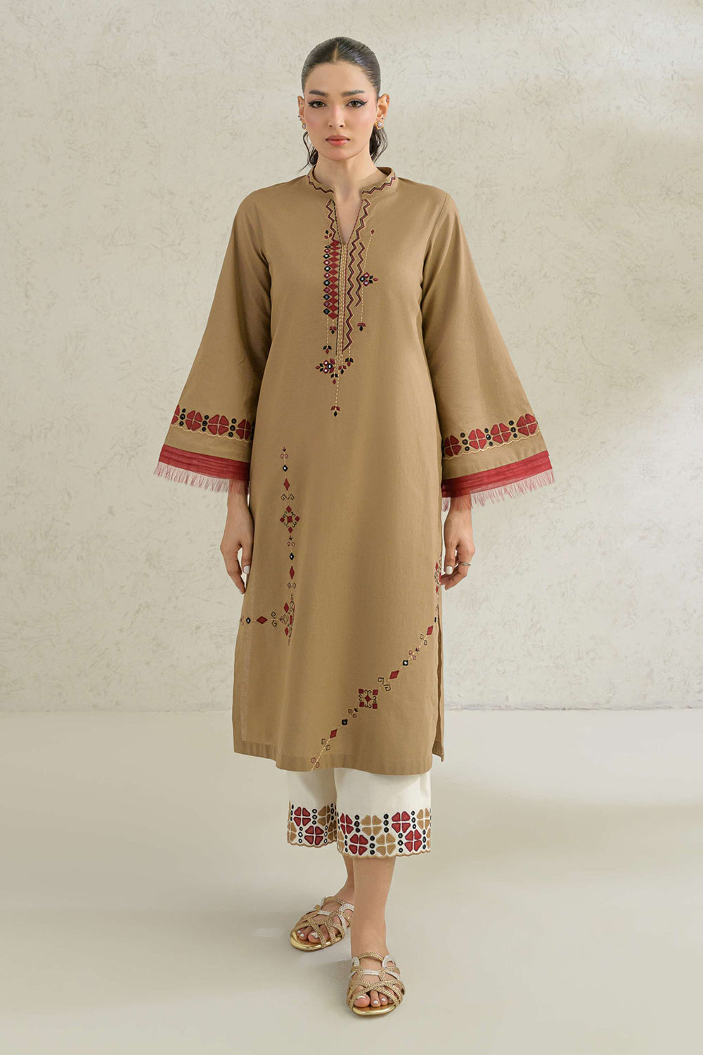 Camel Embroidered Comfort Fit Kurta Set