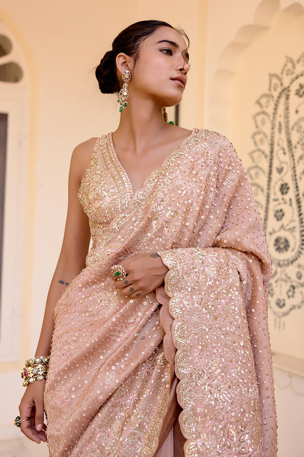 Caramel Taupe Tissue Saree Set