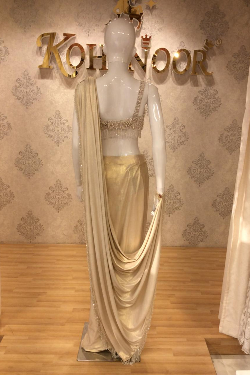 Champagne Gold Draped Saree Gown with Hand-Embellished Bustier