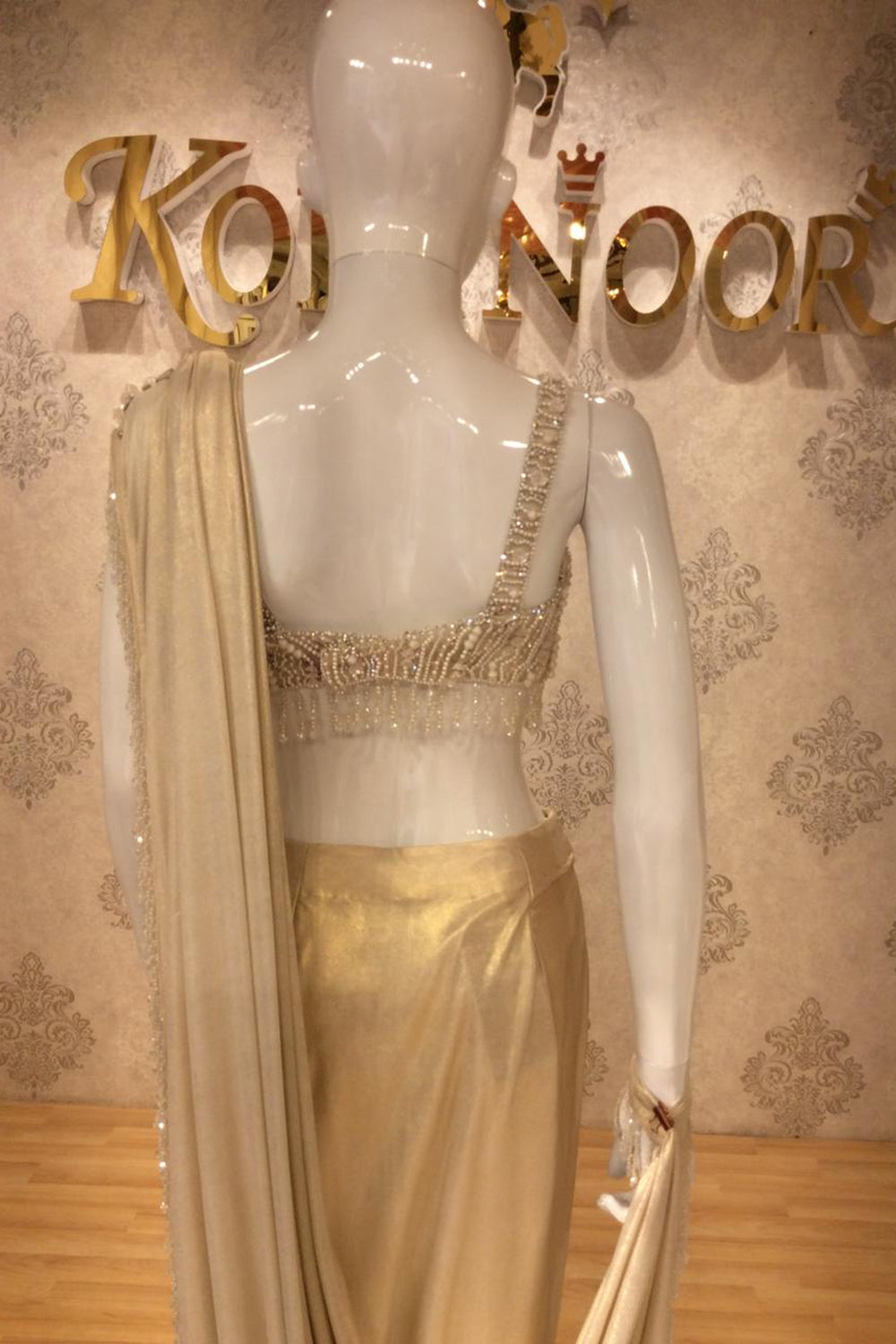 Champagne Gold Draped Saree Gown with Hand-Embellished Bustier