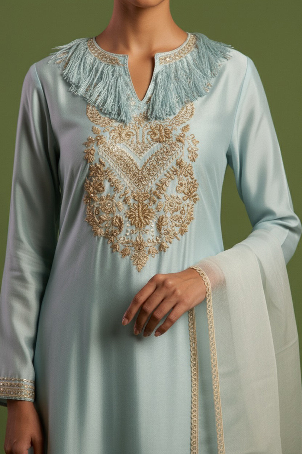 Chanderi Silk Hand Embroidered Kurta Set in Blue