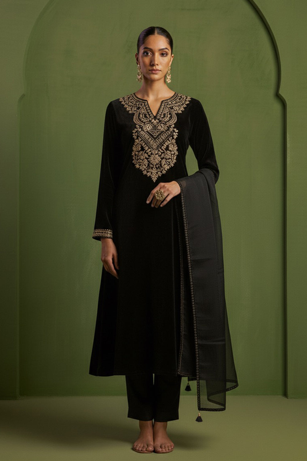 Chanderi Silk Hand Embroidered Kurta Set in Black