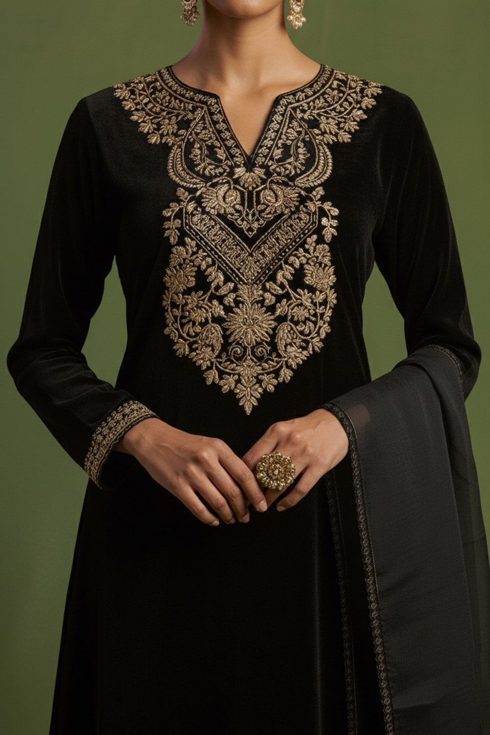 Chanderi Silk Hand Embroidered Kurta Set in Black