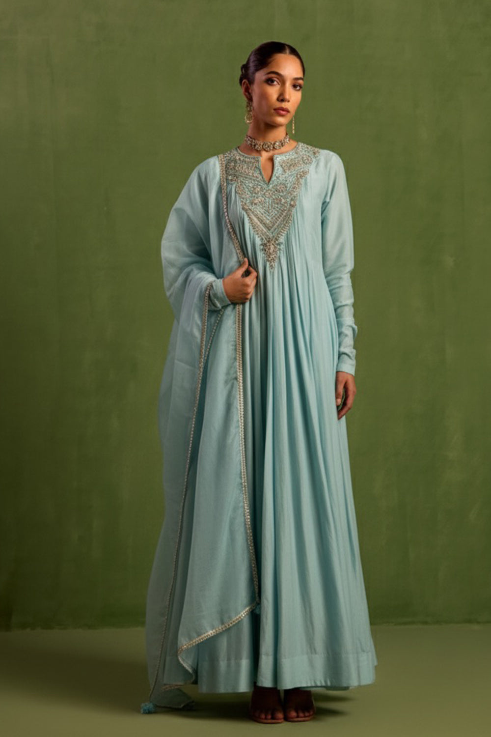 Chanderi Silk Hand Embroidered Kurta Set in Blue