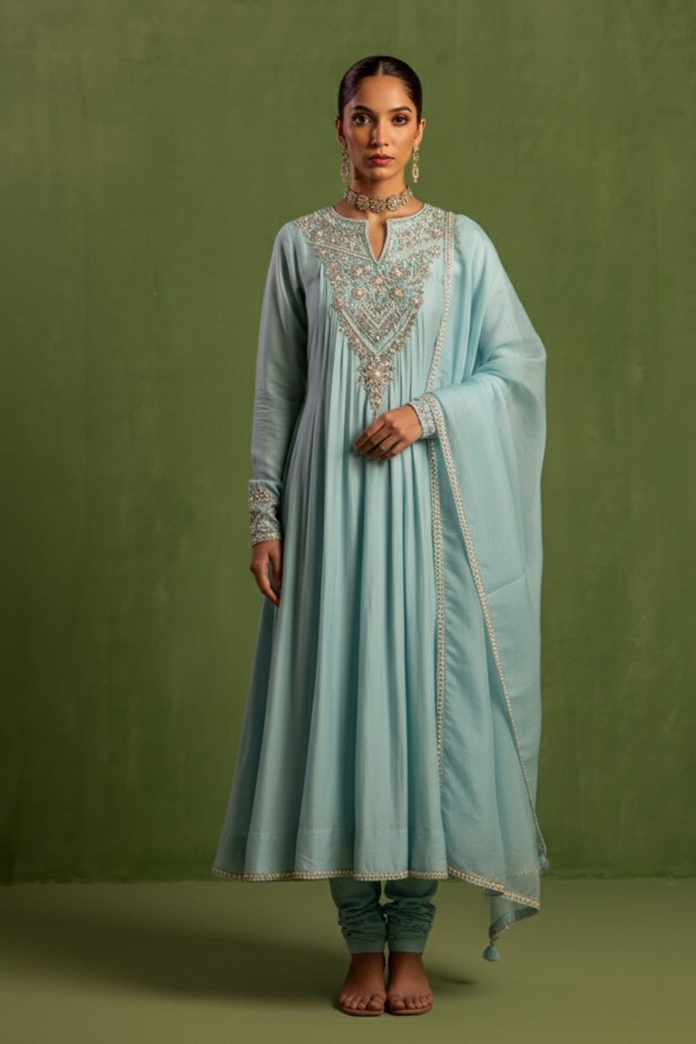 Chanderi Silk Hand Embroidered Kurta Set in Blue