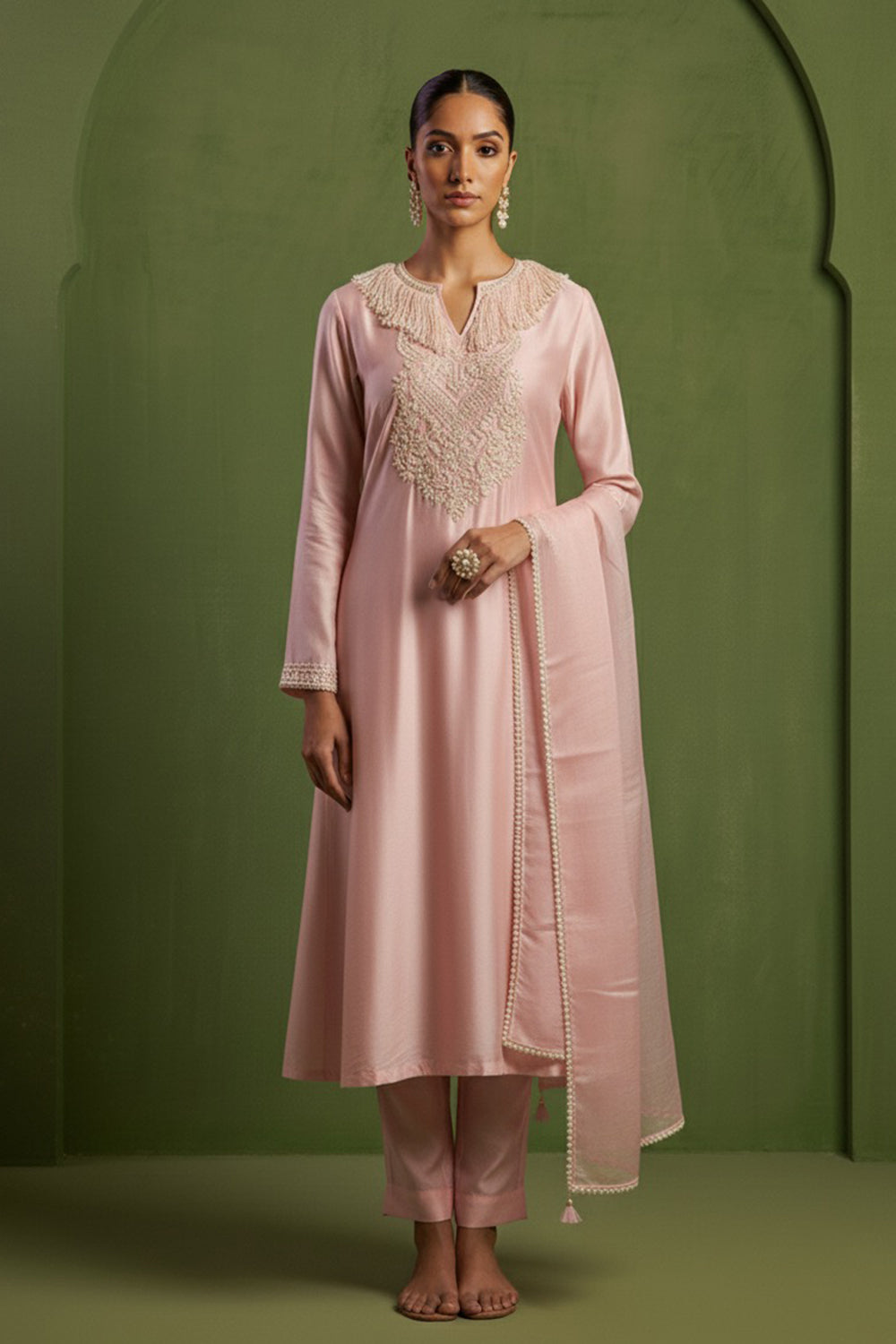 Chanderi Silk Hand Embroidered Kurta Set in Pink