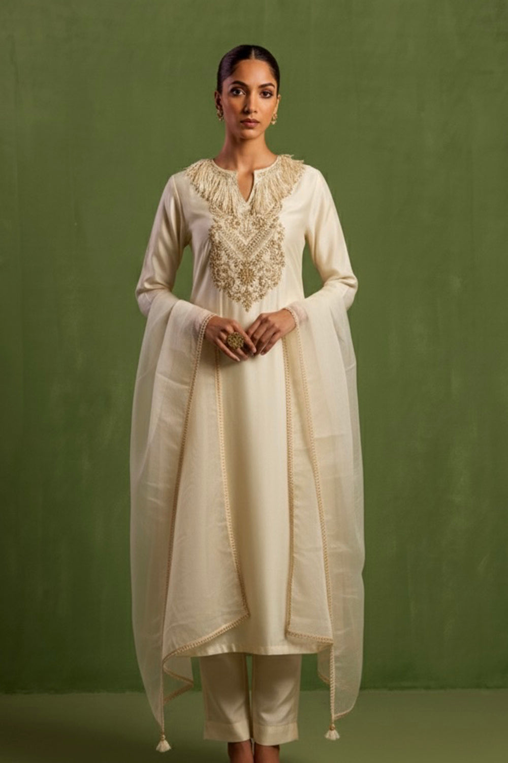 Chanderi Silk Hand Embroidered Kurta Set in Ivory