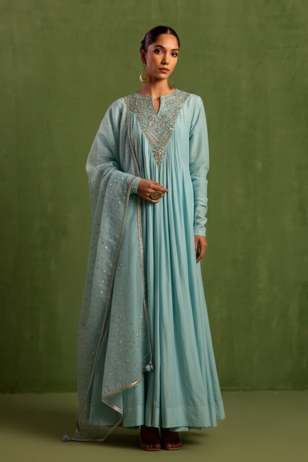 Chanderi Silk Hand Embroidered Kurta Set in Blue