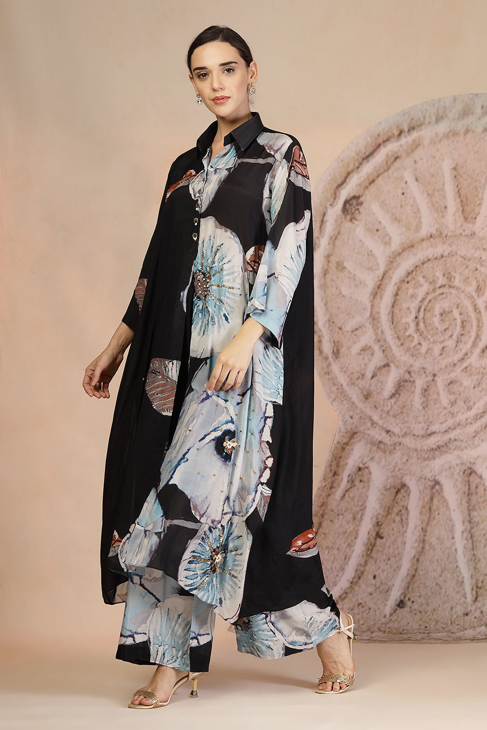 Charcoal Black Muslin Silk Kurta Set with Coral Print & Bead Embroidery