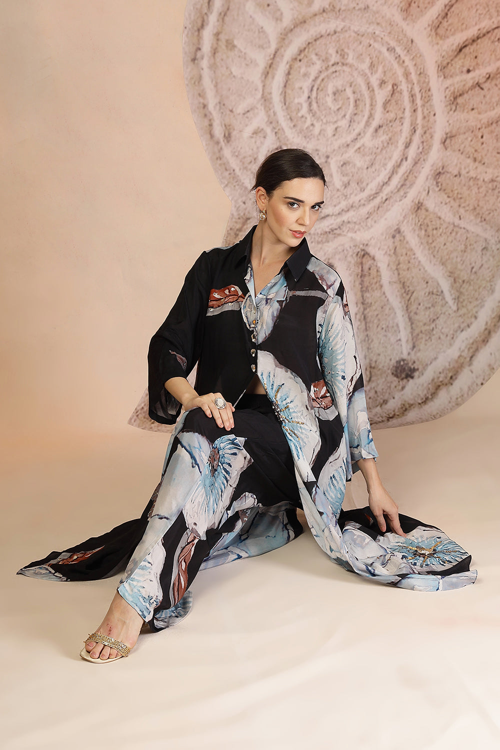 Charcoal Black Muslin Silk Kurta Set with Coral Print & Bead Embroidery