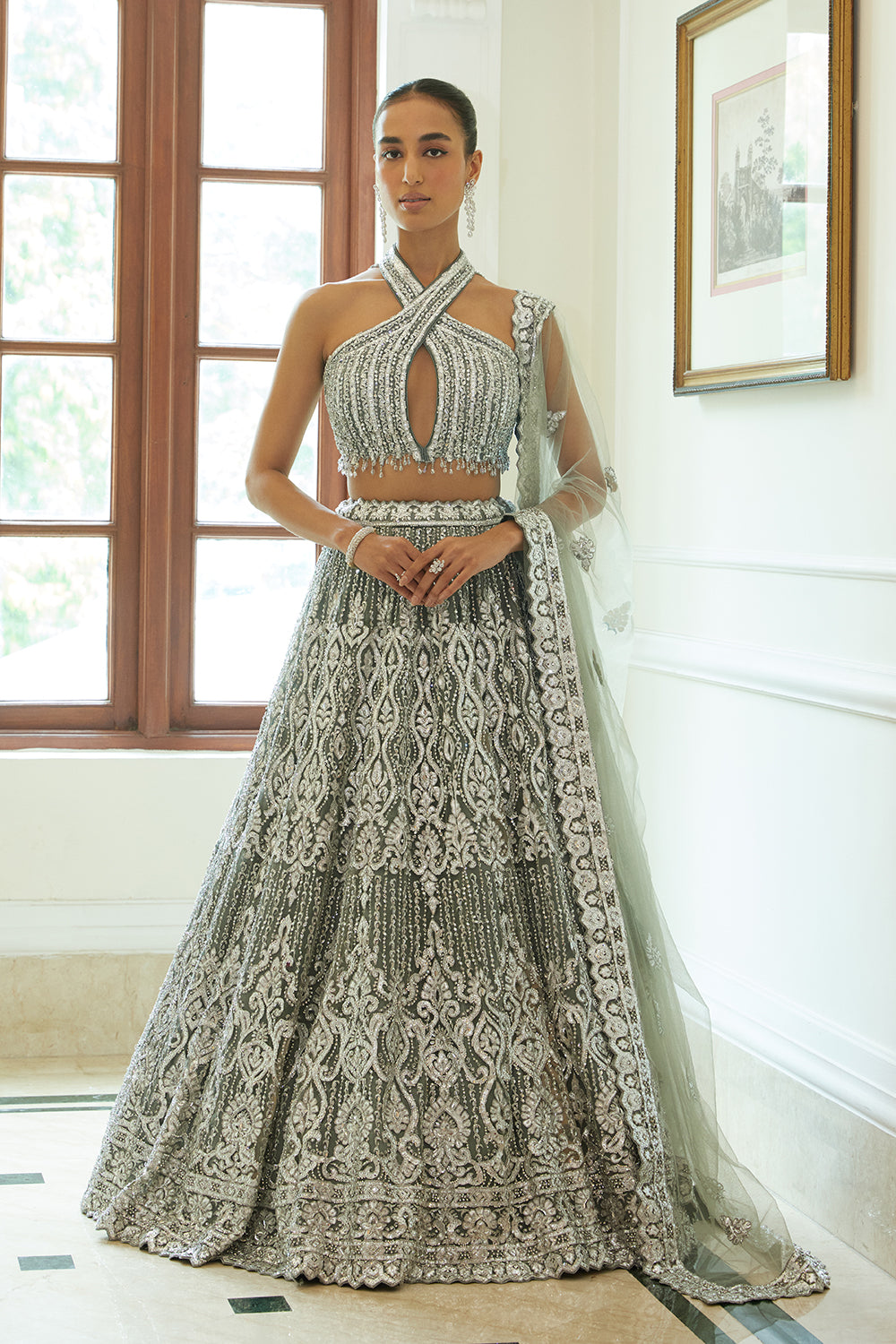 Charcoal Grey Net Lehenga Choli and Dupatta