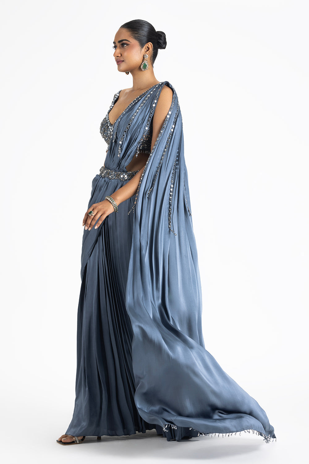 Charcoal Grey Satin Draped Saree