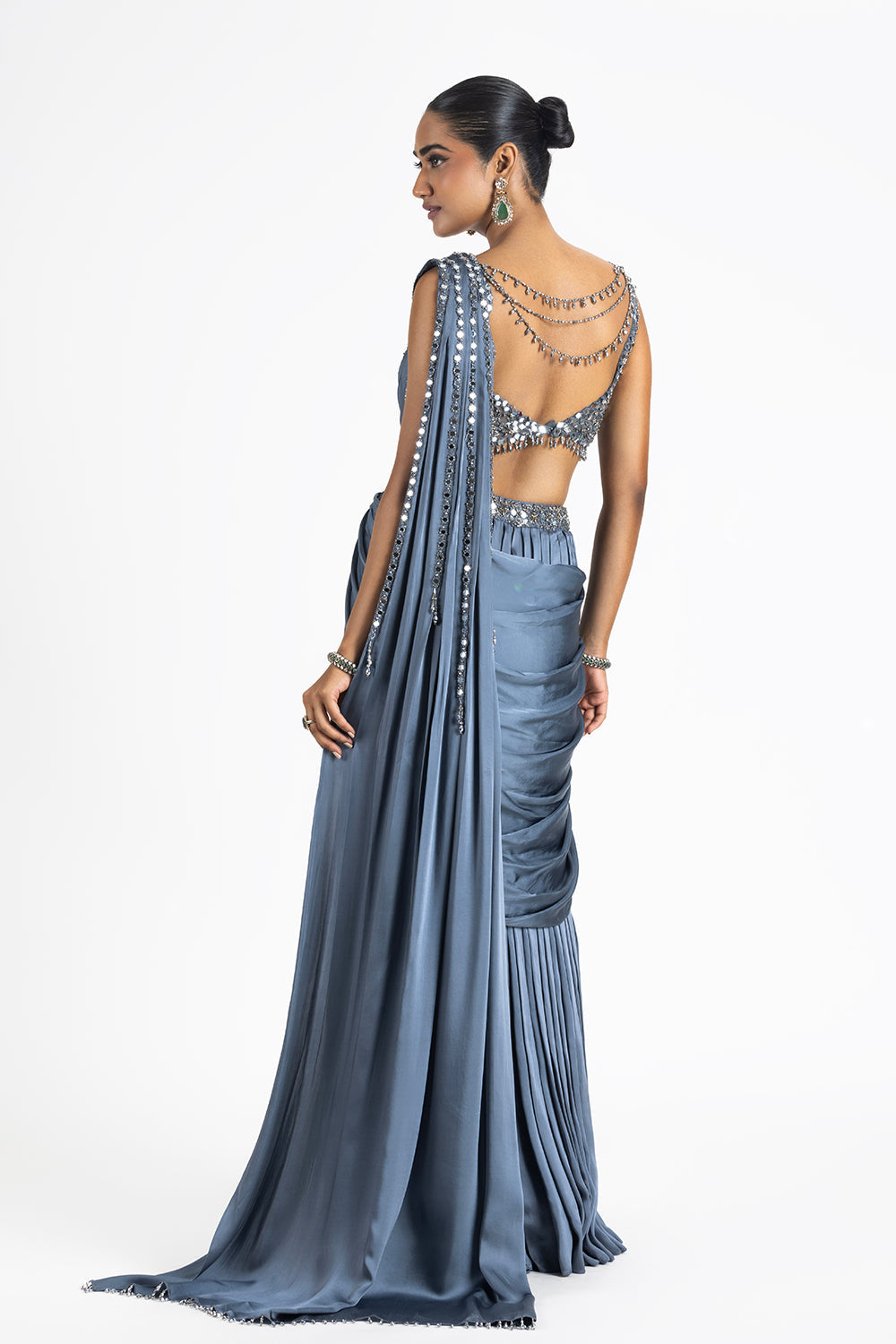 Charcoal Grey Satin Draped Saree