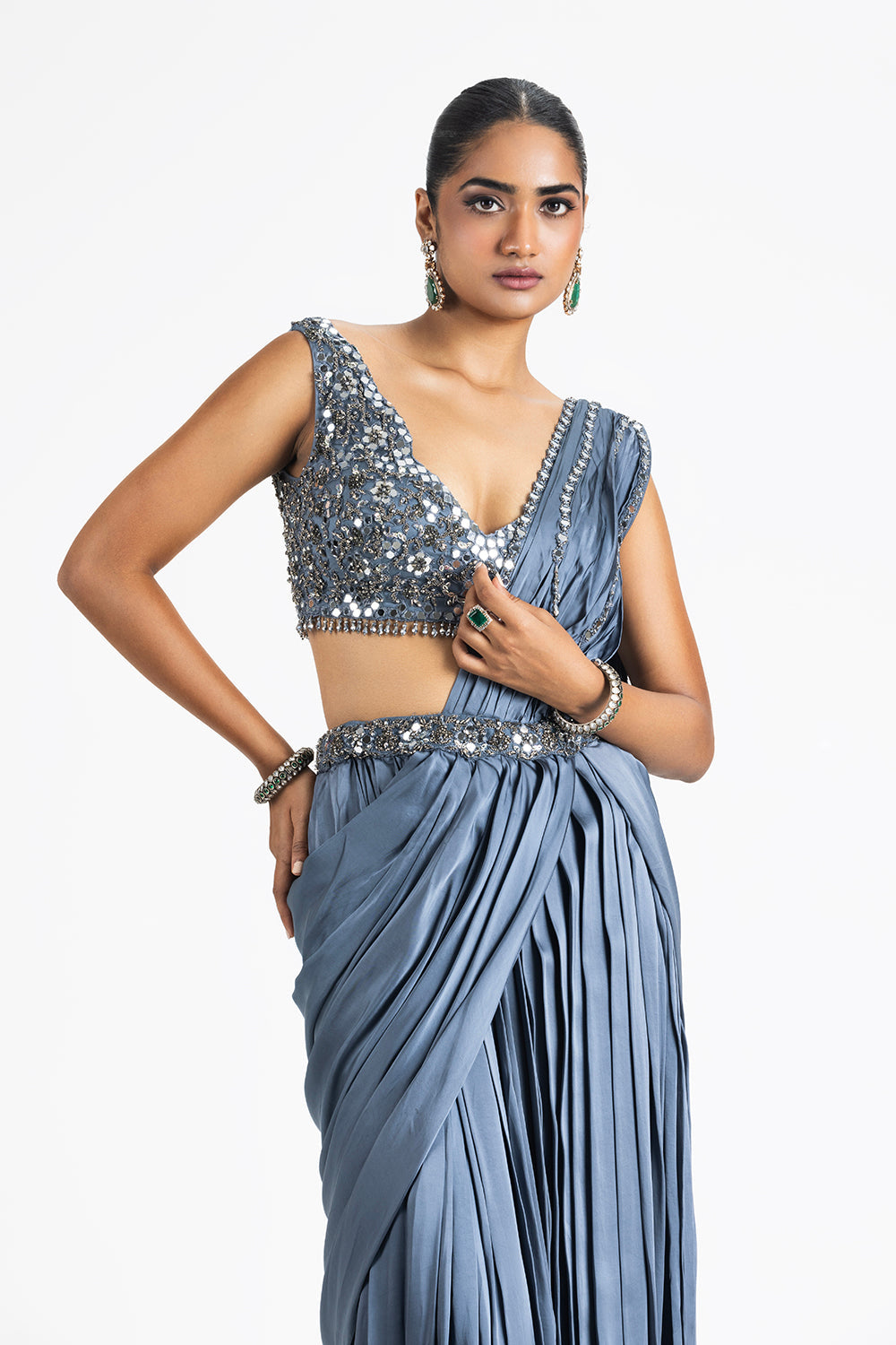 Charcoal Grey Satin Draped Saree