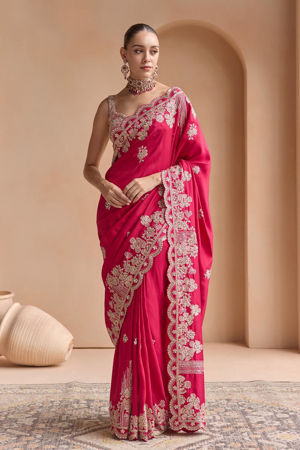 Chilli Red Embroidered Saree Set