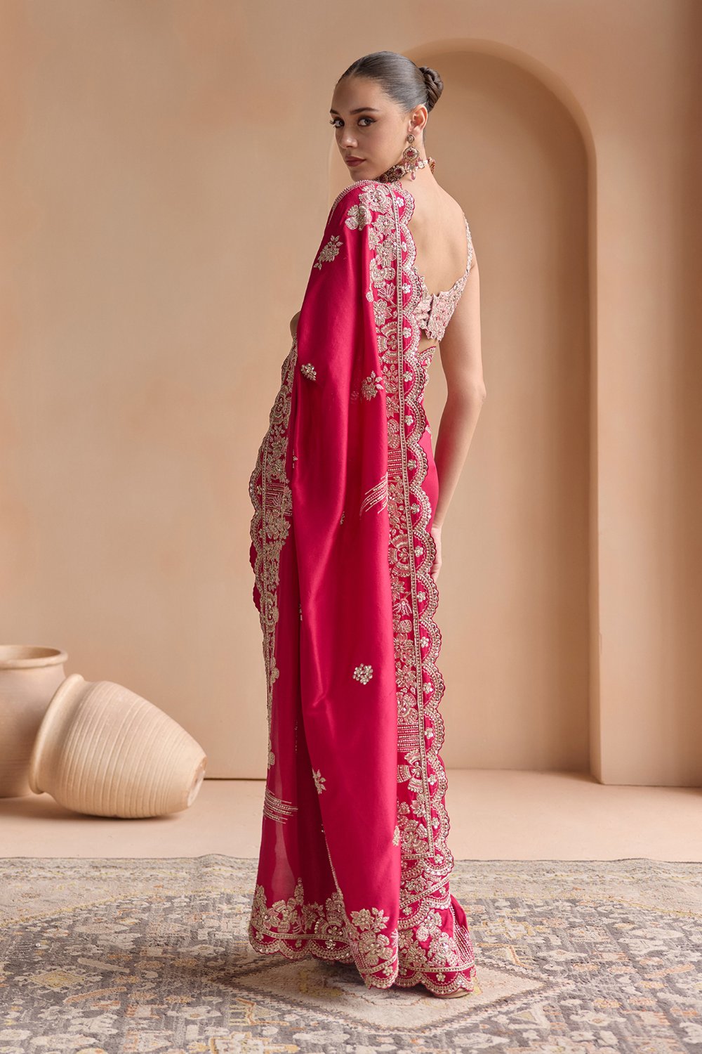 Chilli Red Embroidered Saree Set