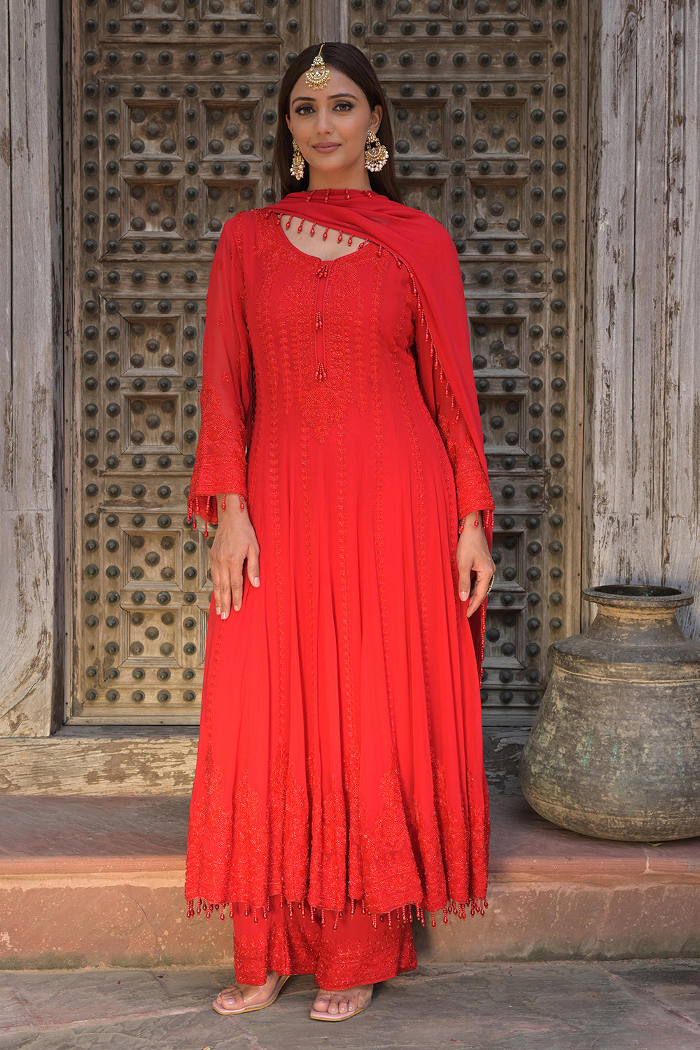 Classic Red Georgette Beads Work Anarkali Suit Set