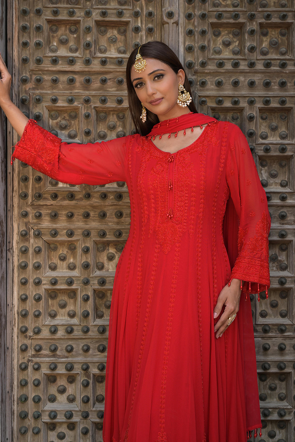 Classic Red Georgette Beads Work Anarkali Suit Set