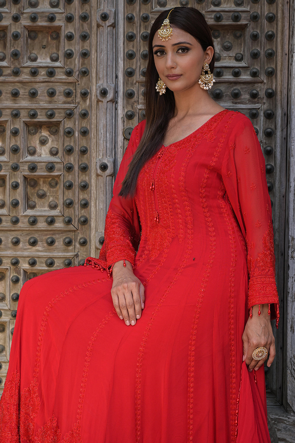 Classic Red Georgette Beads Work Anarkali Suit Set