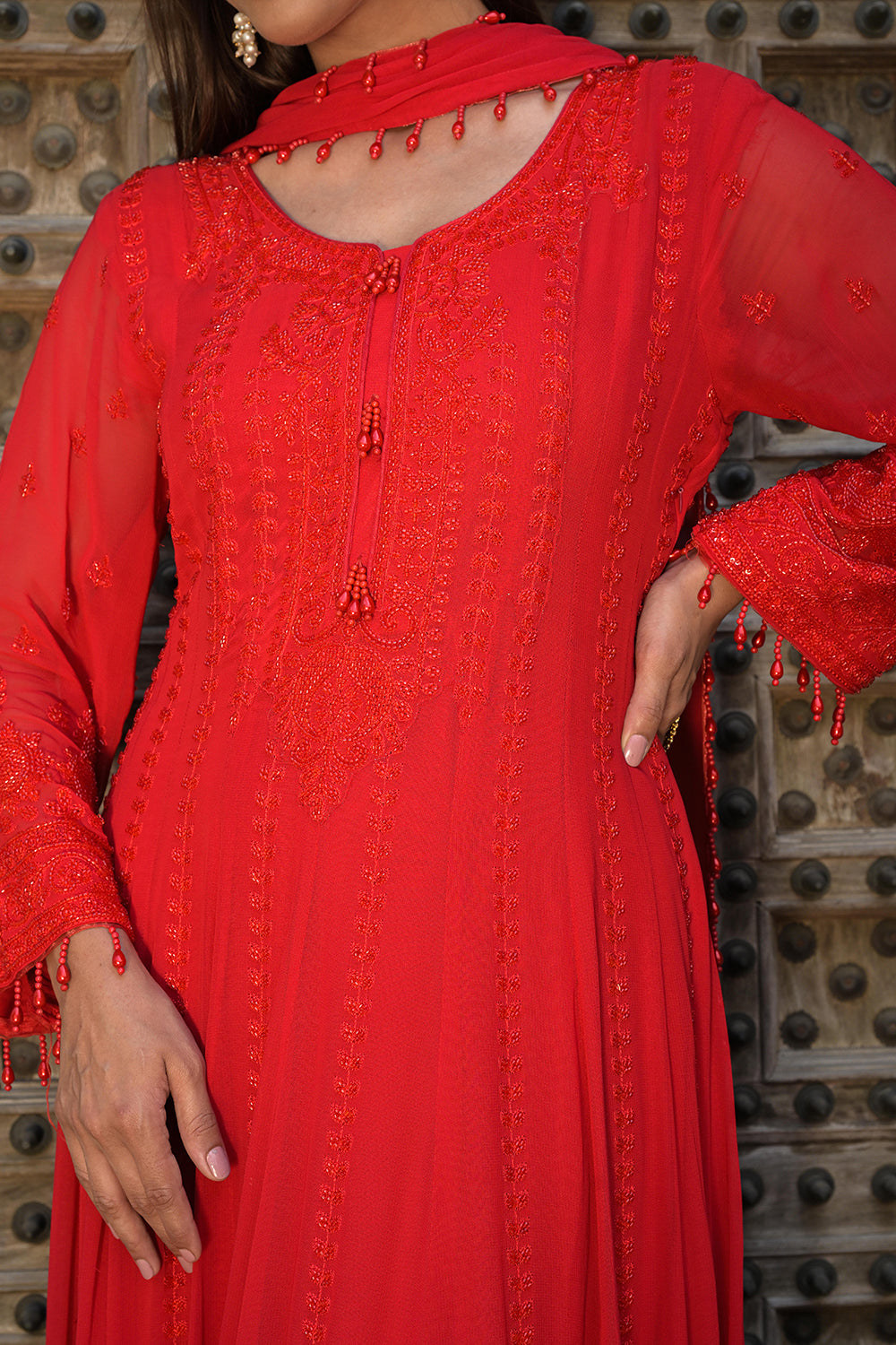 Classic Red Georgette Beads Work Anarkali Suit Set