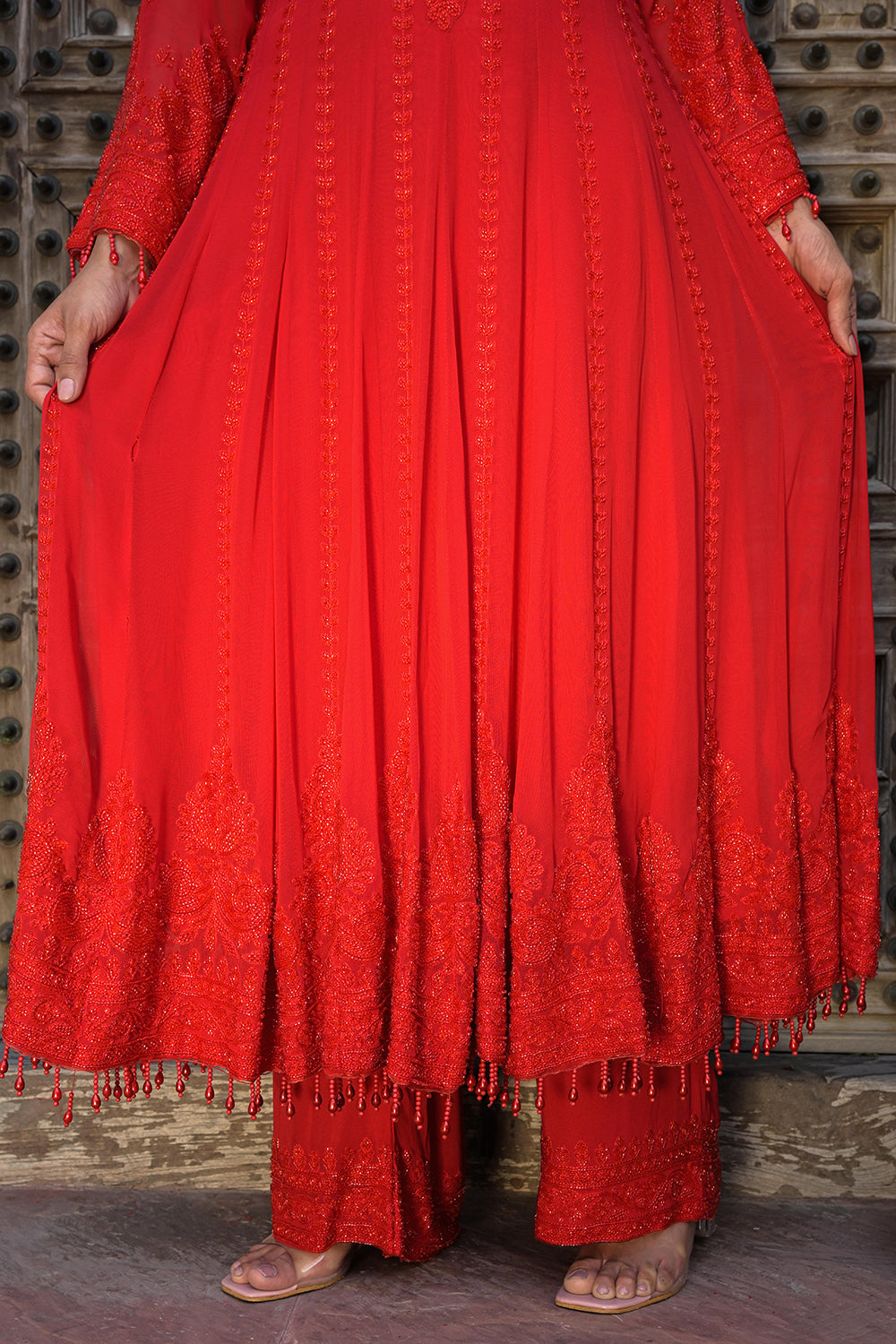 Classic Red Georgette Beads Work Anarkali Suit Set