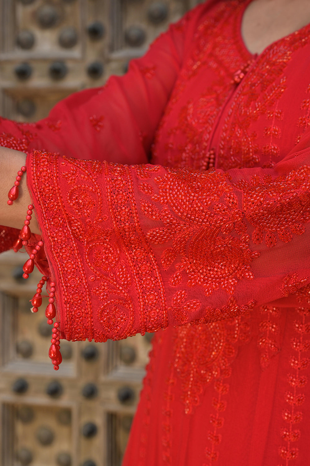 Classic Red Georgette Beads Work Anarkali Suit Set