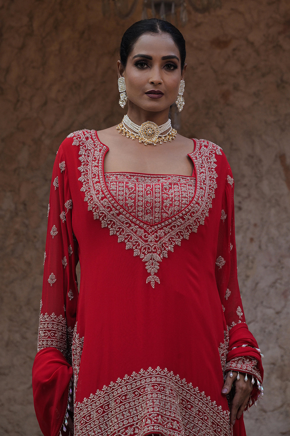 Classic Red Georgette Beads Work Kurta Palazzo Set