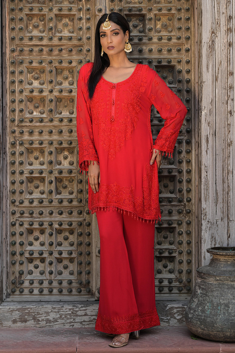 Classic Red Georgette Beads Work Straight Kurta Set