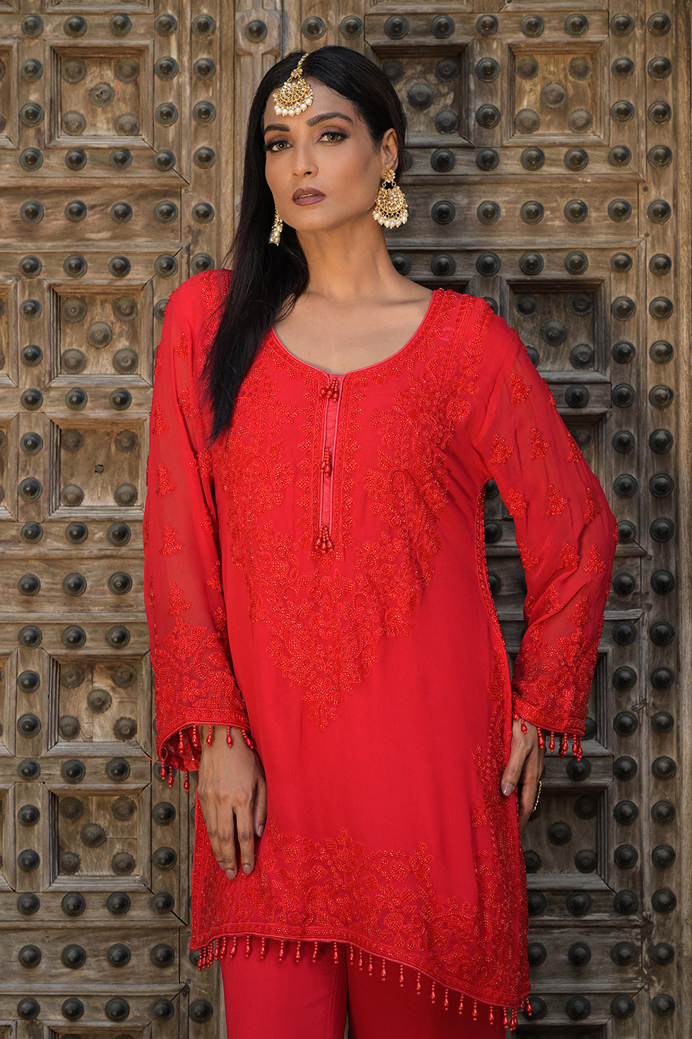 Classic Red Georgette Beads Work Straight Kurta Set
