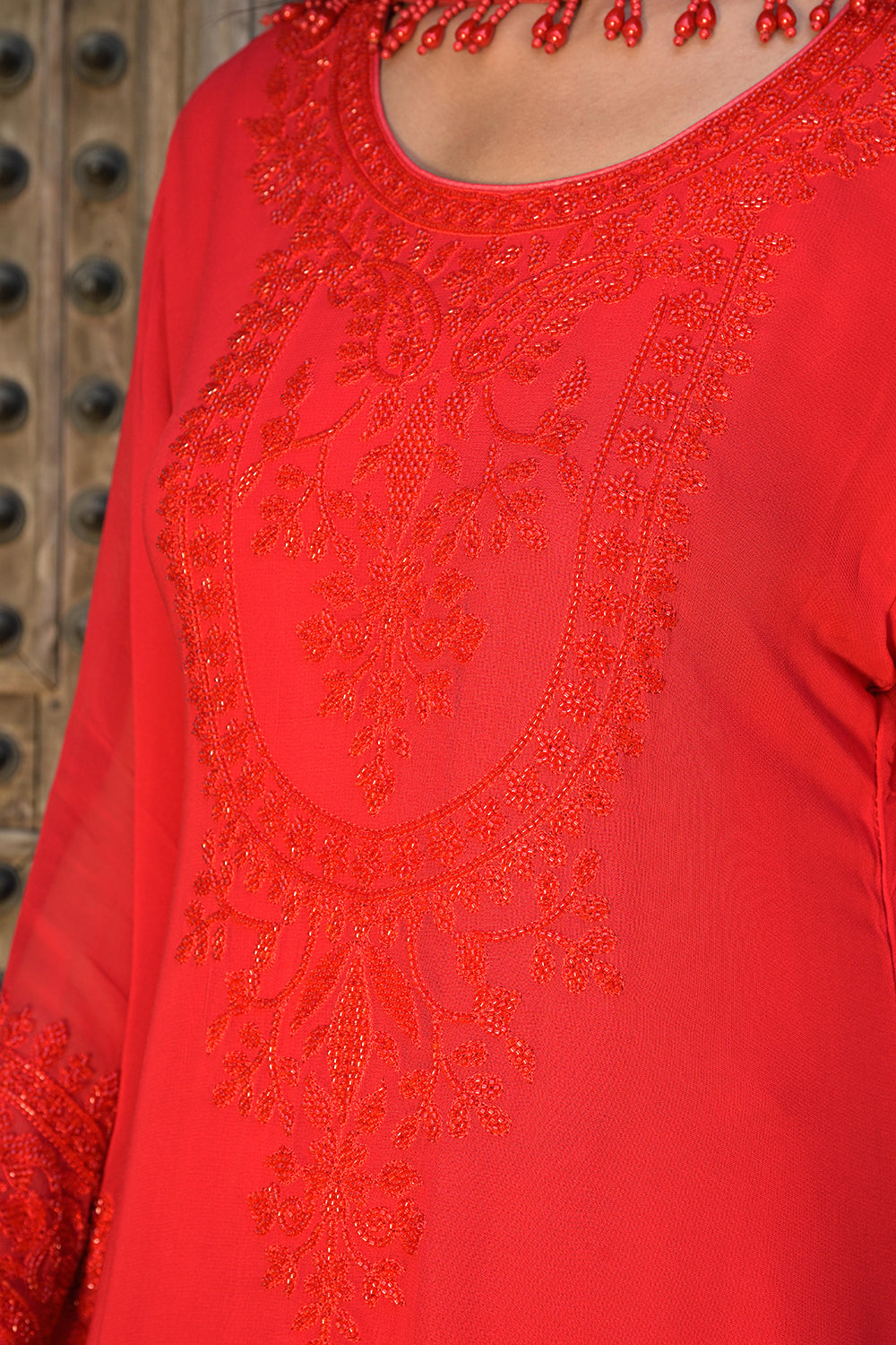 Classic Red Georgette Kurta Sharara Set with Beads Embroidery