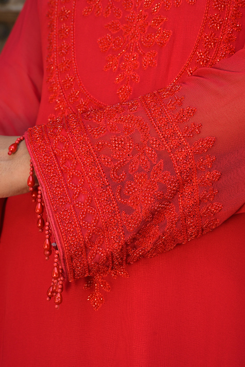Classic Red Georgette Kurta Sharara Set with Beads Embroidery