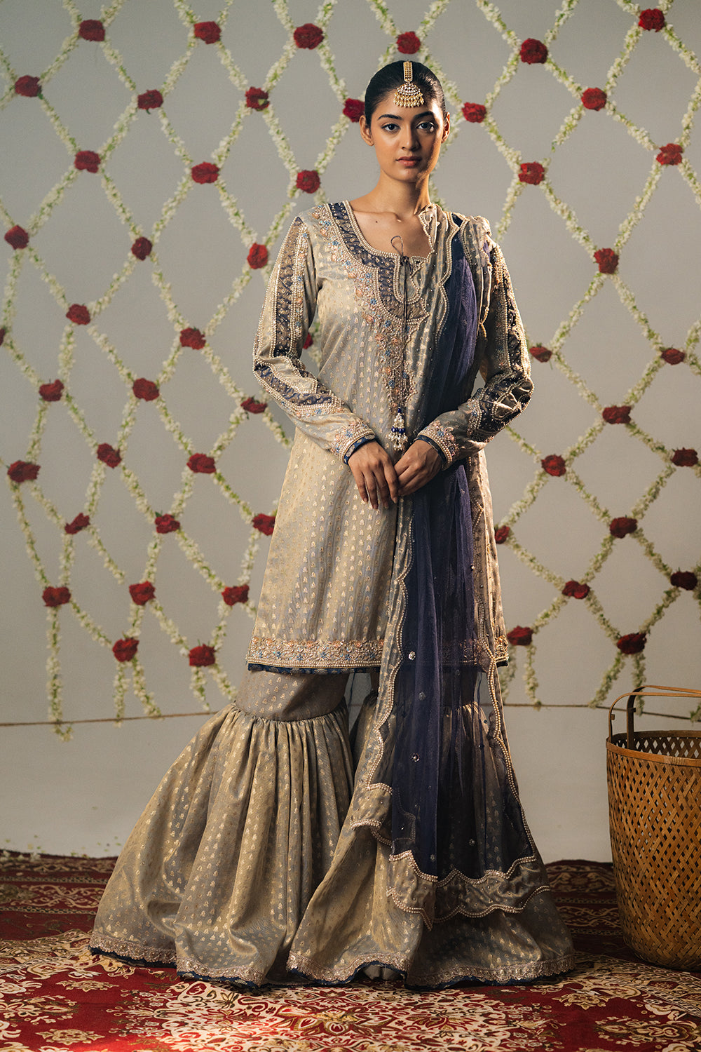 Cloud Grey Booti Tissue Gharara Set