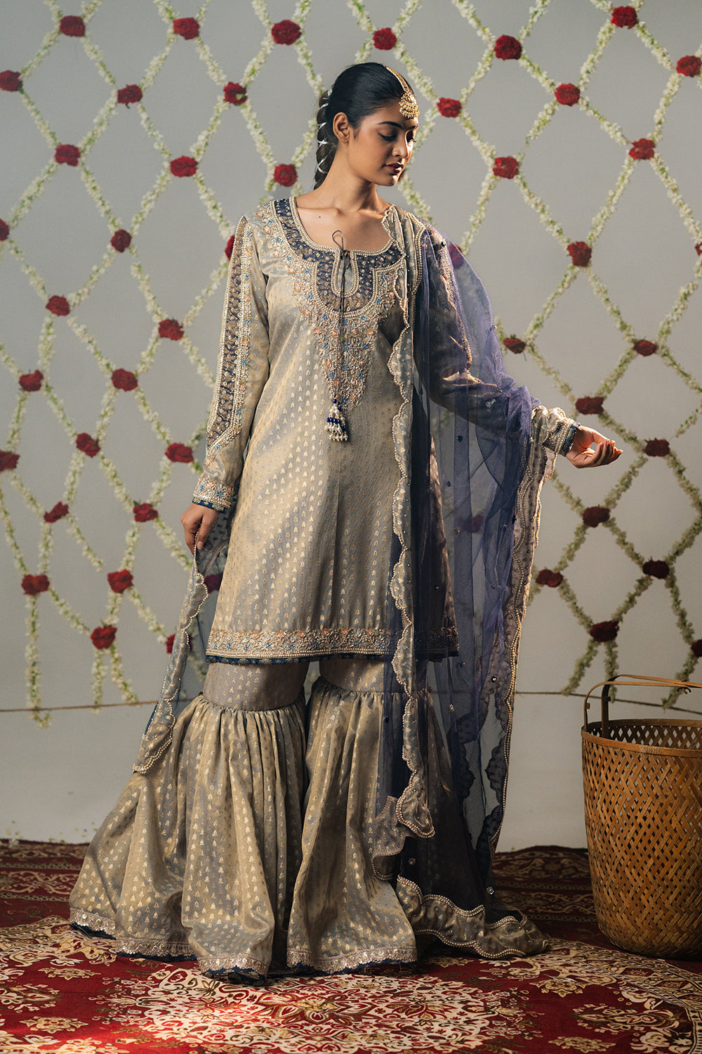 Cloud Grey Booti Tissue Gharara Set