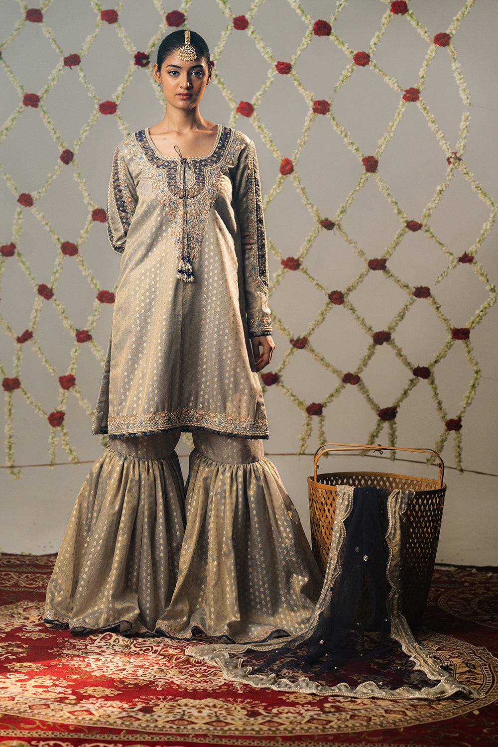 Cloud Grey Booti Tissue Gharara Set